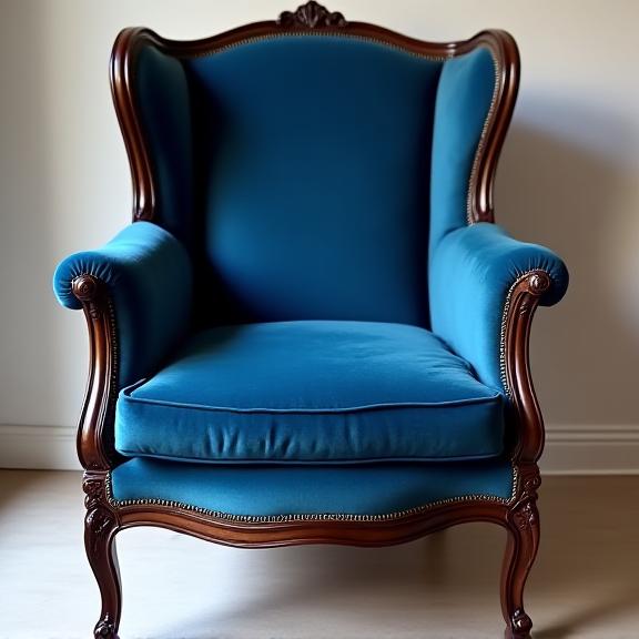 Poltrona antica rivestita con velluto blu dopo il restauro